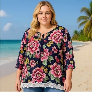 Reme Floral Boho Peasant Tunic Top 2X Navy Lace Hem Tie Neck Resort Vacation